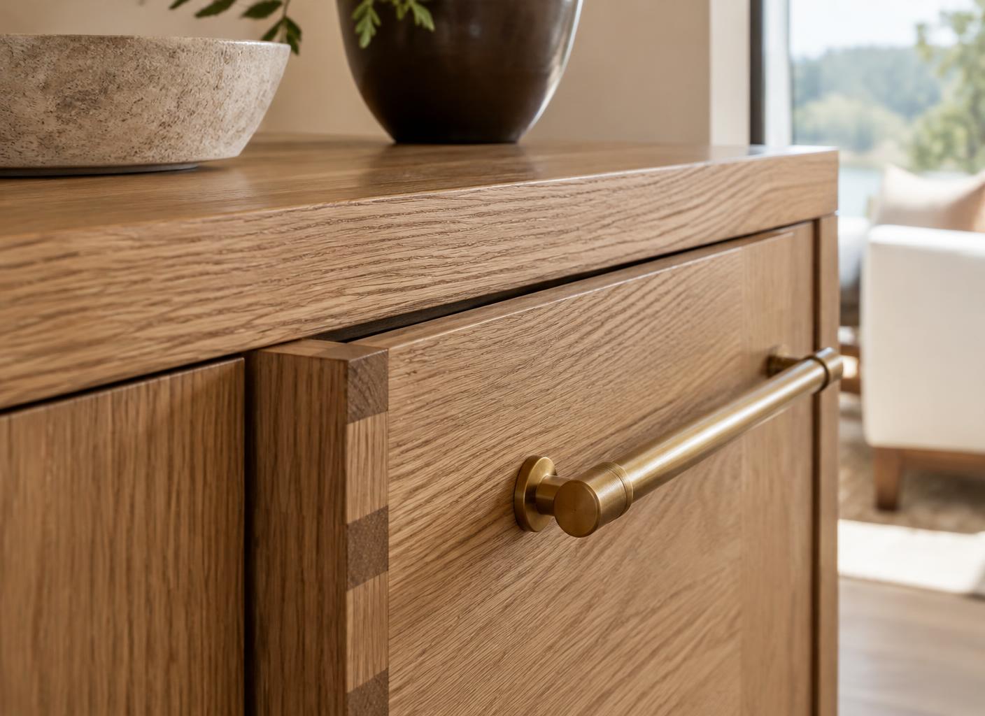 Oak cabinetry with fine joinery and a brass handle