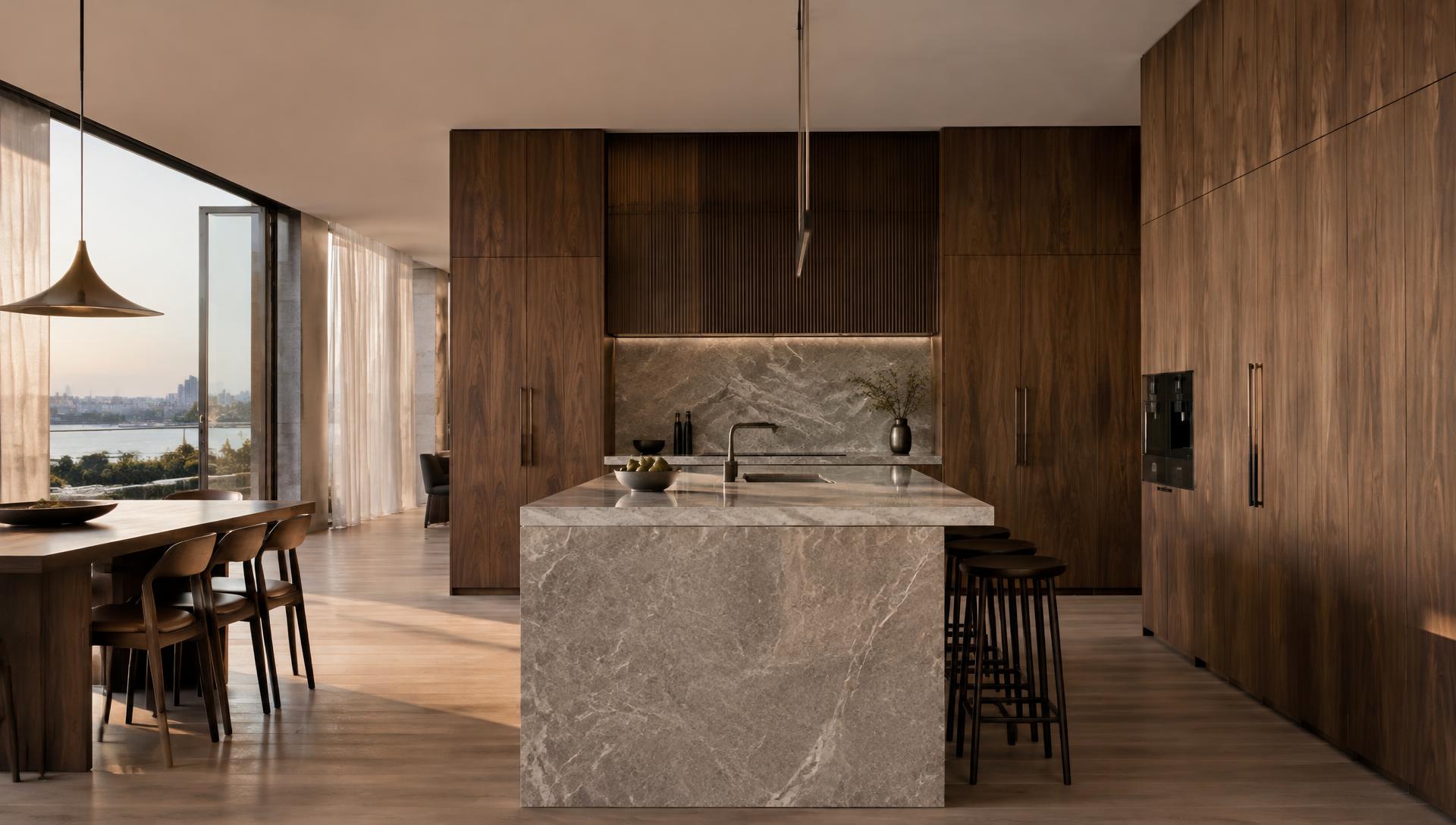 Walnut cabinetry and stone island in a luxury kitchen