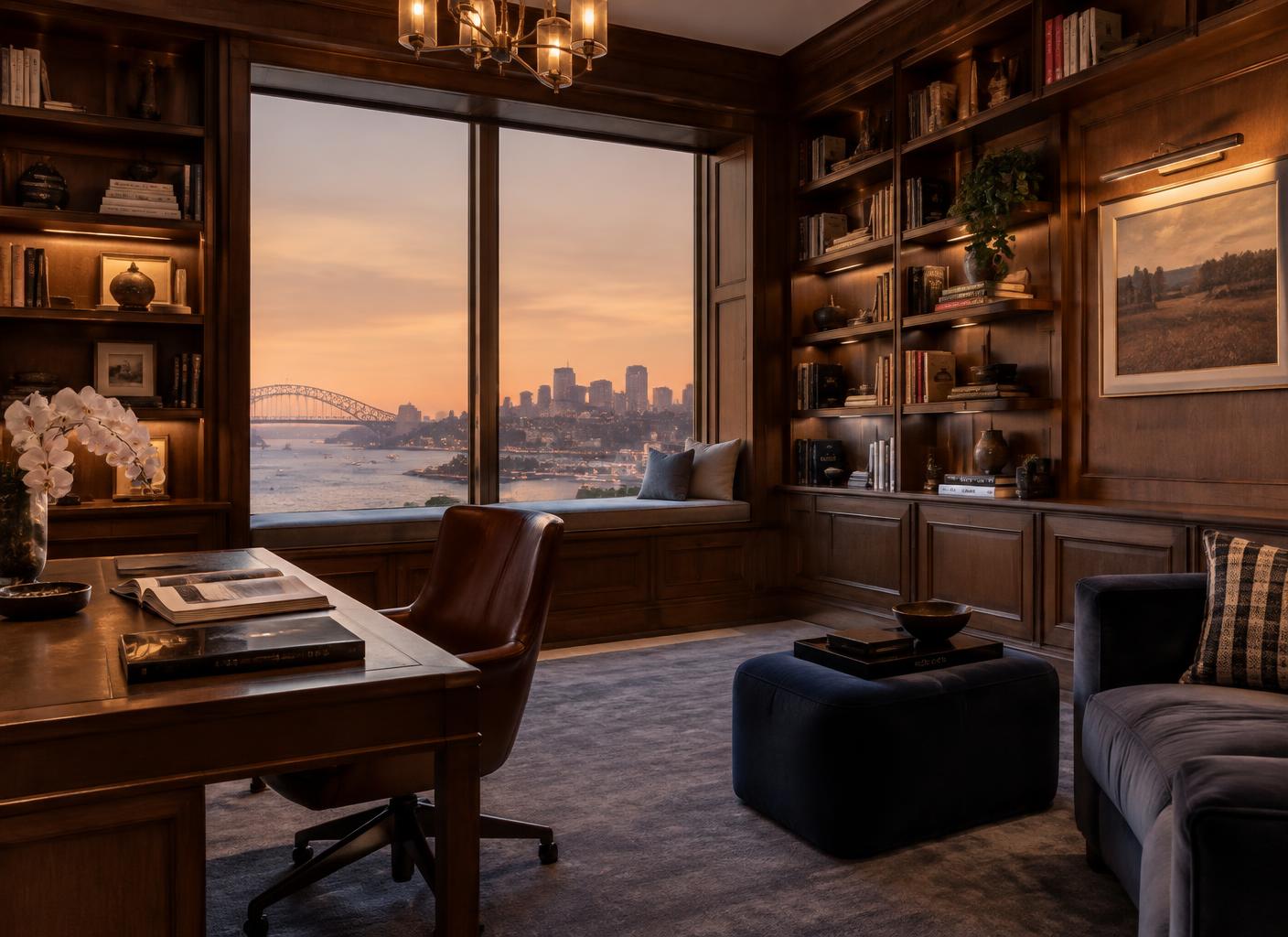 Luxury home library with bespoke timber shelving overlooking Sydney Harbour