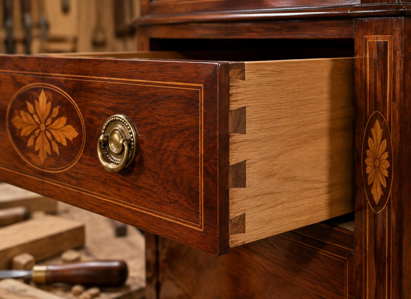 Hand-cut dovetails and marquetry inlay on a mahogany drawer