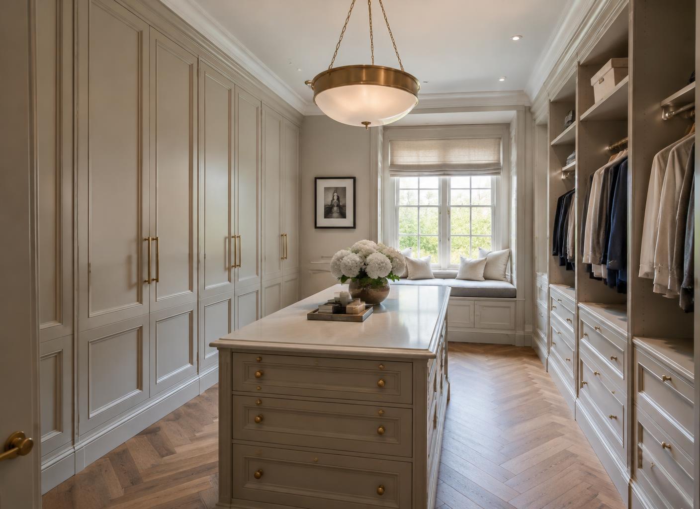 English dressing room with painted panelled cabinetry and brass hardware