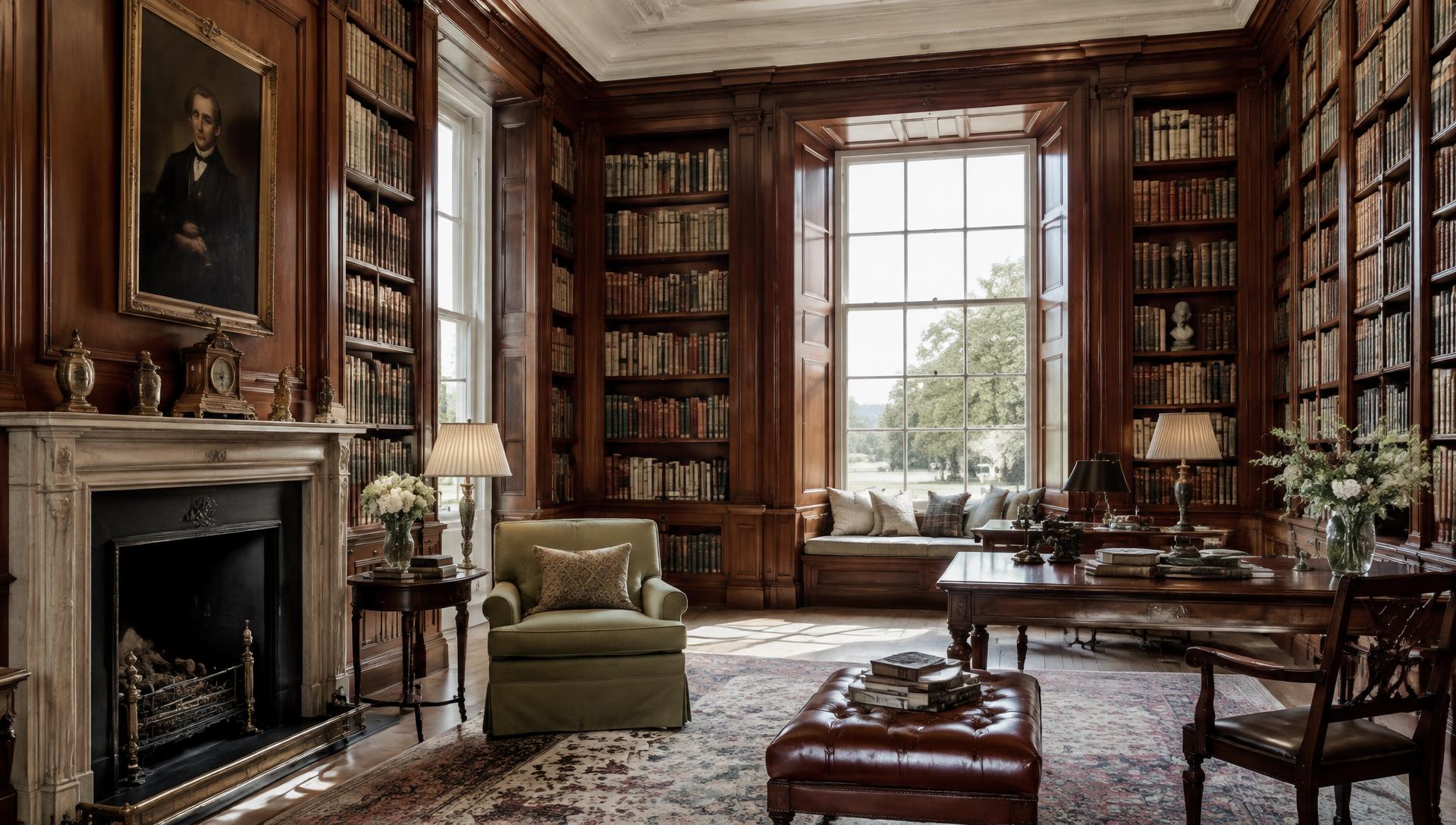Georgian country house library with mahogany bookcases