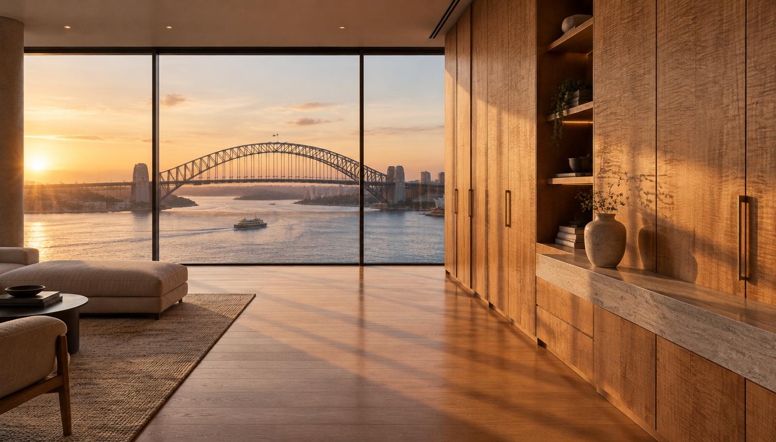 The Sydney Harbour Bridge seen through the windows of a Sydney residence, with bespoke timber cabinetry alongside